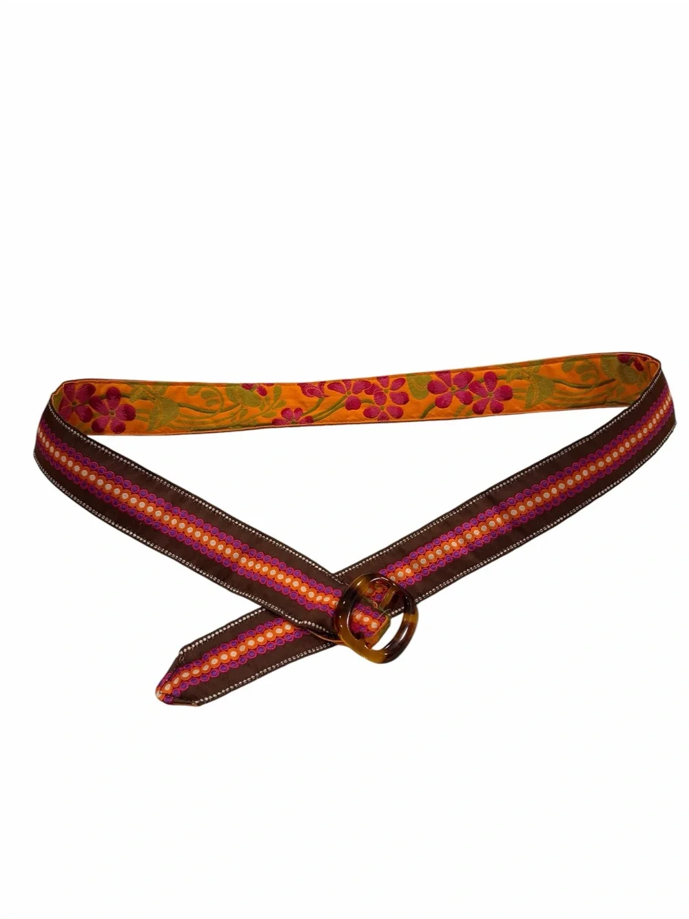 See Ci Boho Embroidered Floral Reversible Ribbon Belt - Brown & Orange